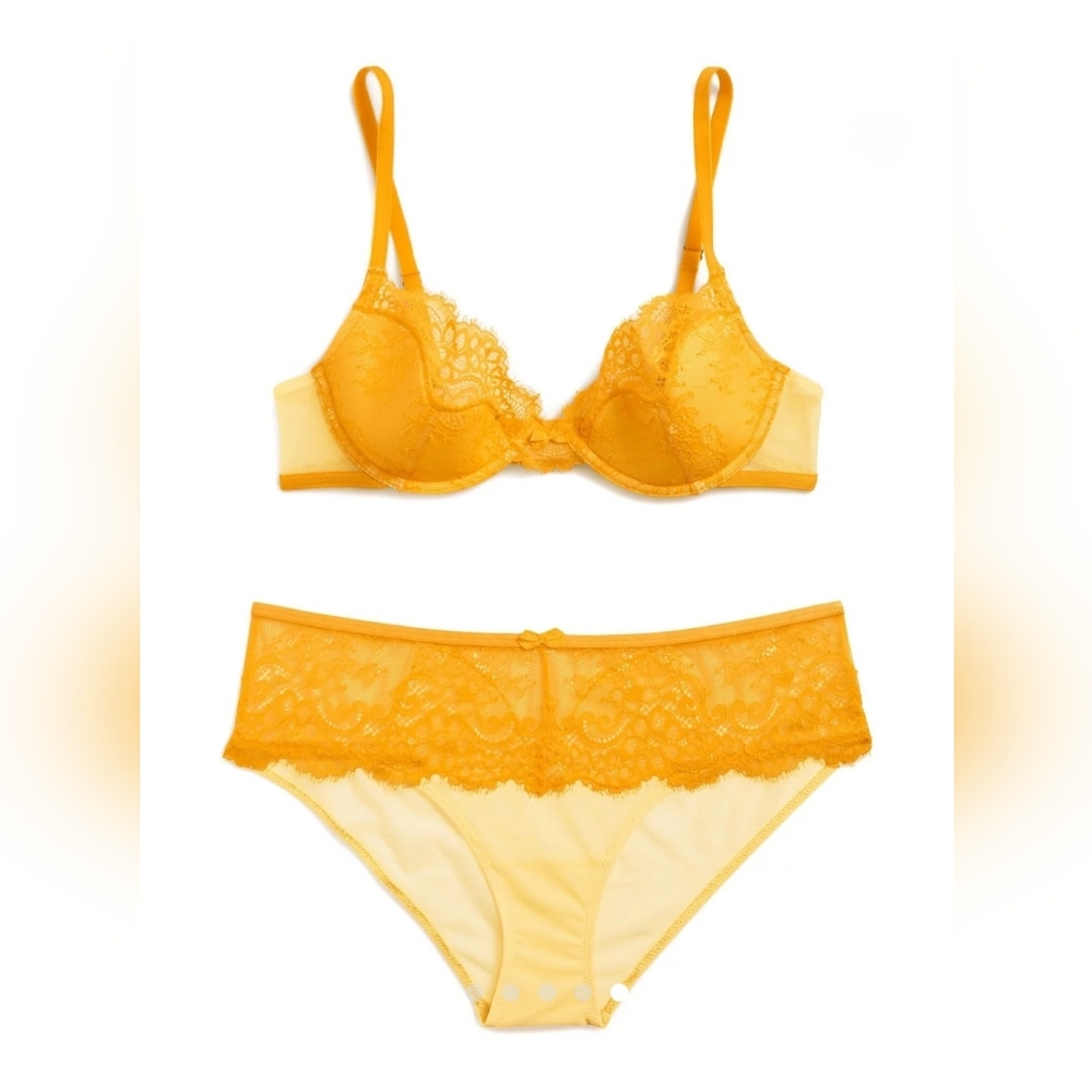 NWT "Evelyn" orange-yellow unlined demi & hipster set 34DDD/L